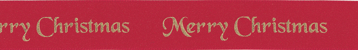 Merry Christmas Satin Ribbon Red with Gold Writing 10mm Wide
