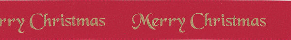 Merry Christmas Satin Ribbon Red with Gold Writing 25mm Wide
