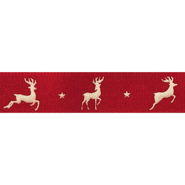 Berisfords Ribbon Christmas Ribbon Reindeer Flight: Red and Gold: 15mm wide. Price per metre.  - The Sewing Studio for sale UK - The Sewing Studio