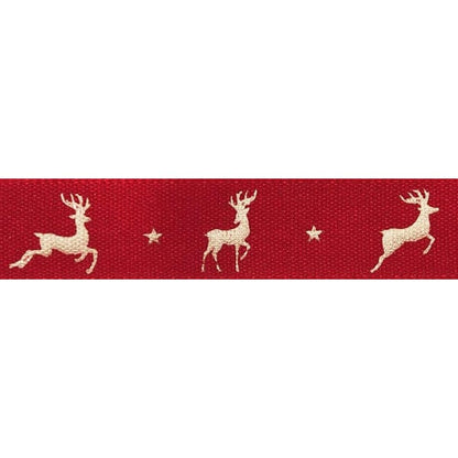 Berisfords Ribbon Christmas Ribbon Reindeer Flight: Red and Gold: 15mm wide. Price per metre.  - The Sewing Studio