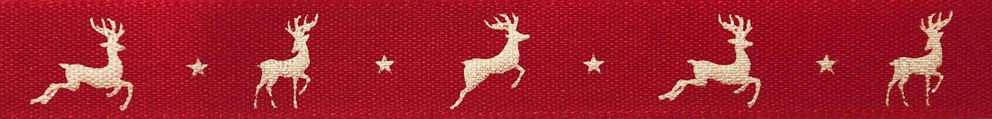 Berisfords Ribbon Christmas Ribbon Reindeer Flight: Red and Gold: 15mm wide. Price per metre.  - The Sewing Studio