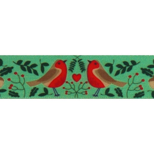 Berisfords Ribbon Christmas Ribbon Robin's Nest:  Green and Multi: 25mm Wide  - The Sewing Studio