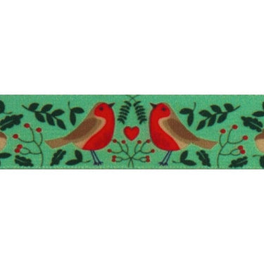 Berisfords Ribbon Christmas Ribbon Robin's Nest:  Green and Multi: 25mm Wide  - The Sewing Studio for sale UK - The Sewing Studio