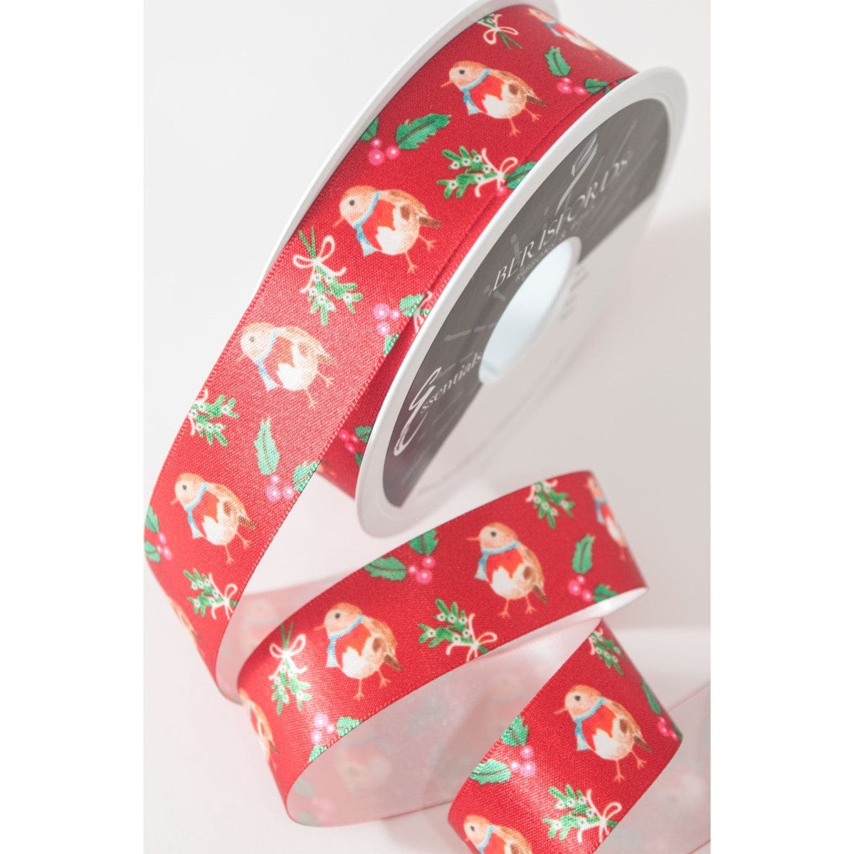 Berisfords Ribbon Little Robin Ribbon: Red: 25mm wide. Price per metre.  - The Sewing Studio