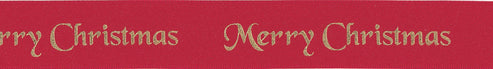 Berisfords Ribbon Merry Christmas Satin Ribbon Red with Gold Writing 10mm Wide  - The Sewing Studio