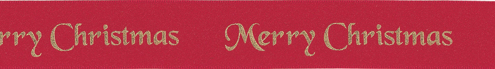 Berisfords Ribbon Merry Christmas Satin Ribbon Red with Gold Writing 10mm Wide  - The Sewing Studio