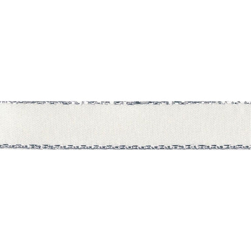 Berisfords Ribbon Silver Metallic Edge Satin Ribbon: 15mm: Bridal White. Price per metre.  - The Sewing Studio