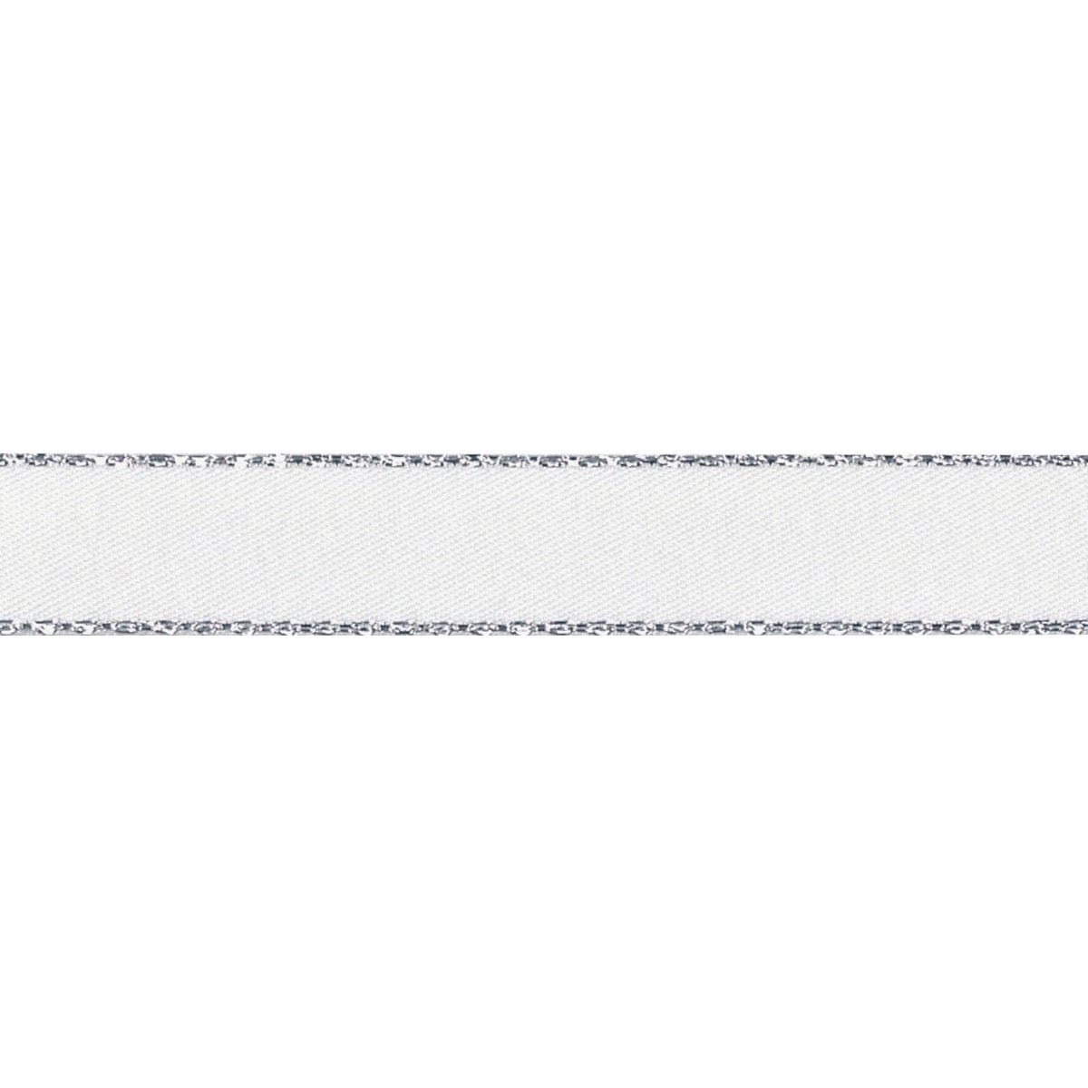 Berisfords Ribbon Silver Metallic Edge Satin Ribbon: 7mm wide: White. Price per metre.  - The Sewing Studio