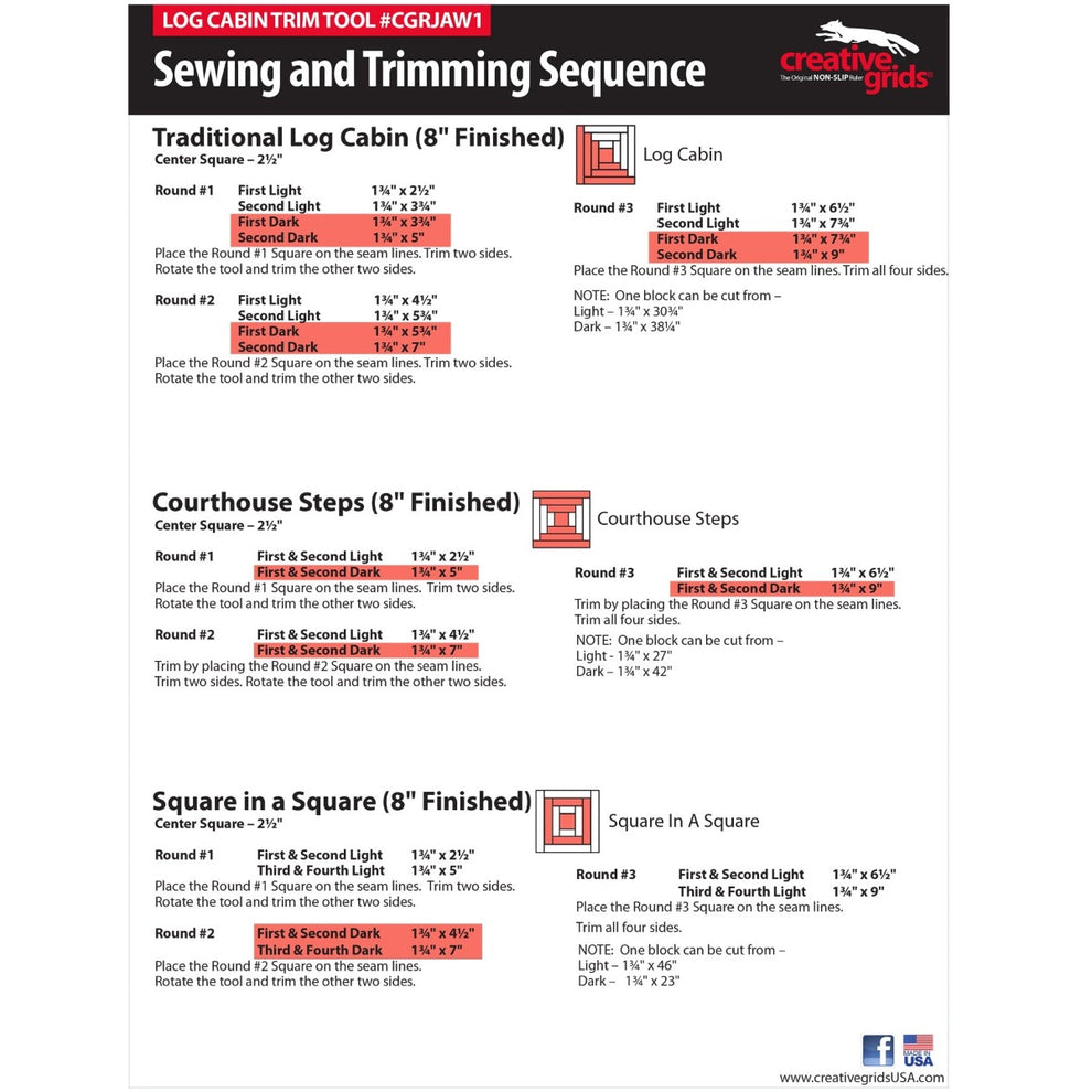 Creative Grids Rulers Stencils Templates Creative Grids Non slip: Log Cabin Trim Tool for 8" Finished Blocks  - The Sewing Studio