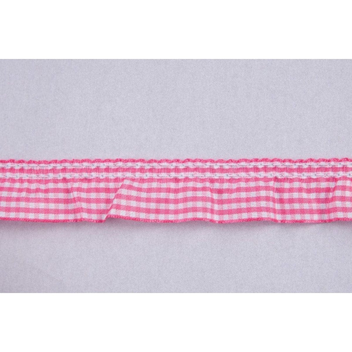 Essential Trimmings Ribbon Frilled Gingham Ribbon Trim: Pink: 25mm wide. Price per metre.  - The Sewing Studio