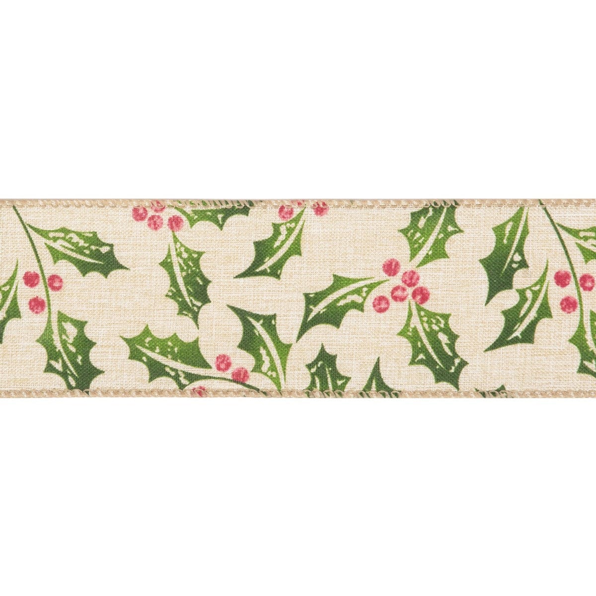 Groves Ribbon Printed Holly Wire Edge Ribbon 63mm  - The Sewing Studio