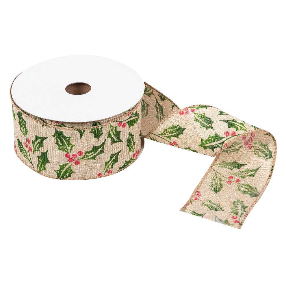 Groves Ribbon Printed Holly Wire Edge Ribbon 63mm  - The Sewing Studio