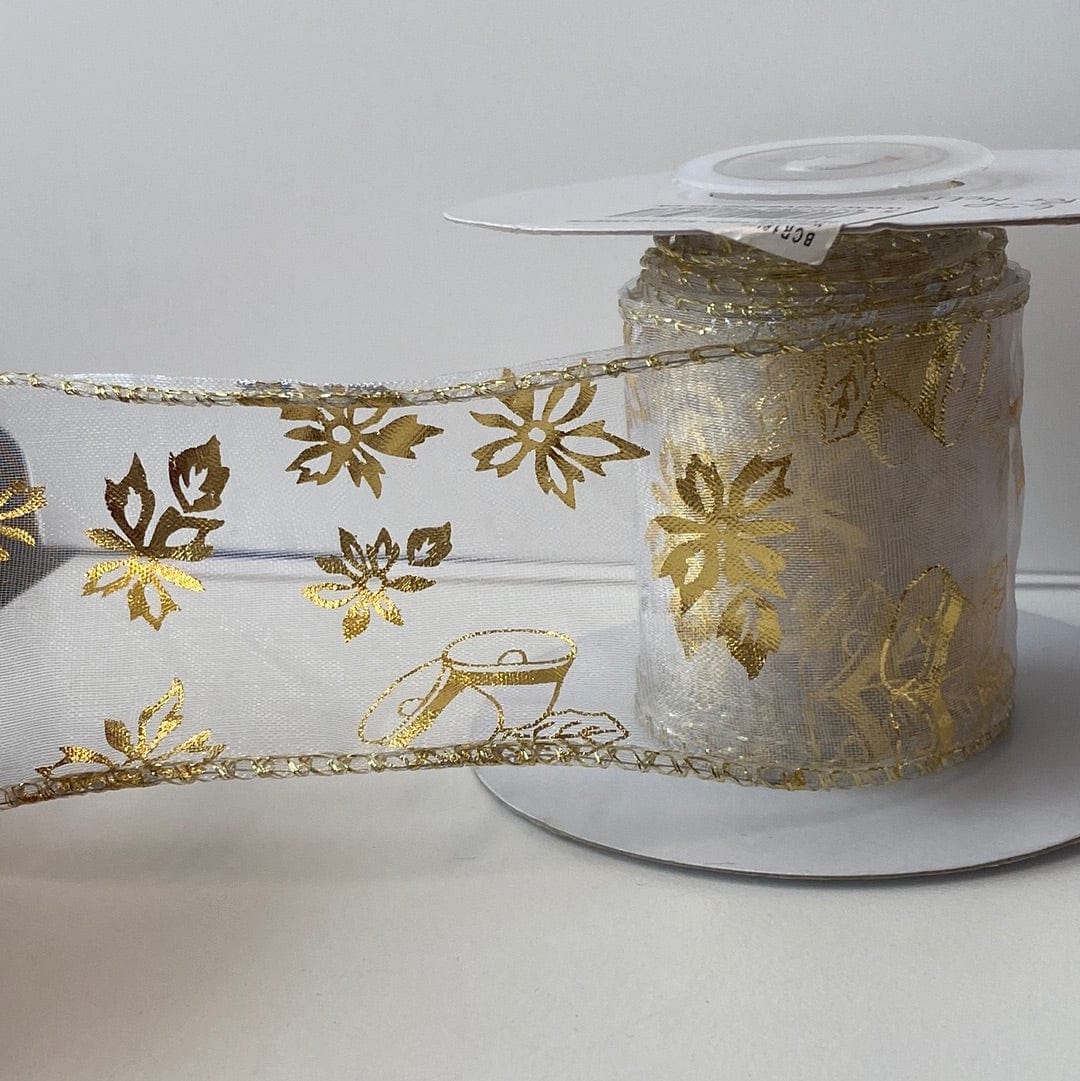 Groves Ribbon Wired Edge Bells and Poinsettia Ribbon: 38mm: Gold  - The Sewing Studio