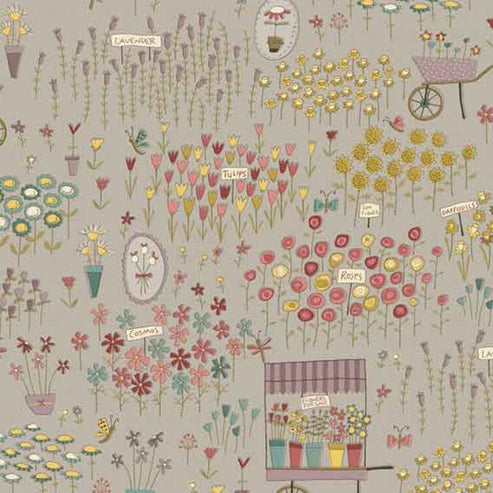 Henry Glass Fabric Anni Downs Market Garden Fabric Garden Taupe 2902-11  - The Sewing Studio