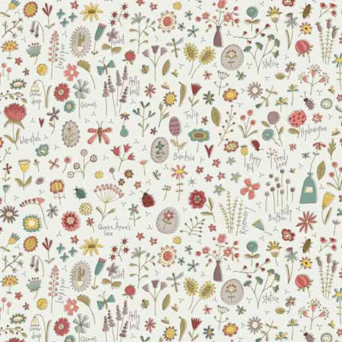 Henry Glass Fabric Anni Downs Market Garden Fabric Tossed Wild Flowers Cream 2896-44  - The Sewing Studio