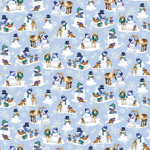 Henry Glass Fabric Flurry Friends Fabric Snowman and Critter Allover Blue 351-11  - The Sewing Studio