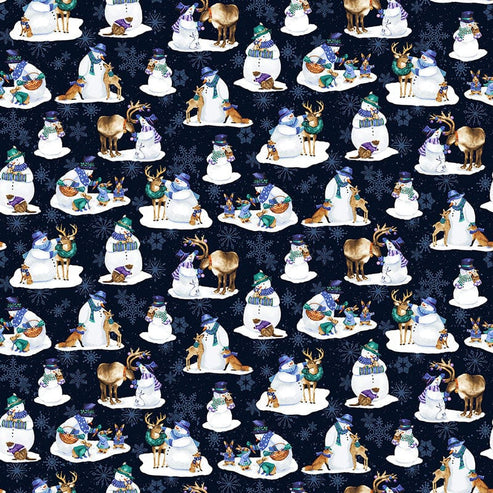 Henry Glass Fabric Flurry Friends Fabric Snowman and Critter Allover Navy 351-77  - The Sewing Studio