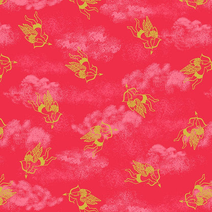 Lewis and Irene Fabric Lewis And Irene All We Need Is Love Cherubs Metallic Red A799-3  - The Sewing Studio