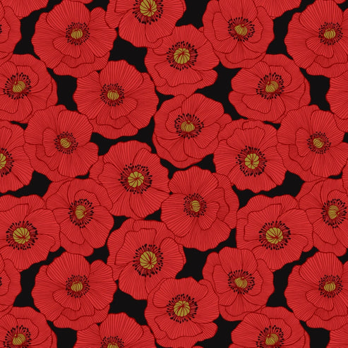 Lewis and Irene Fabric Lewis and Irene Poppies Large Poppy Black  - The Sewing Studio