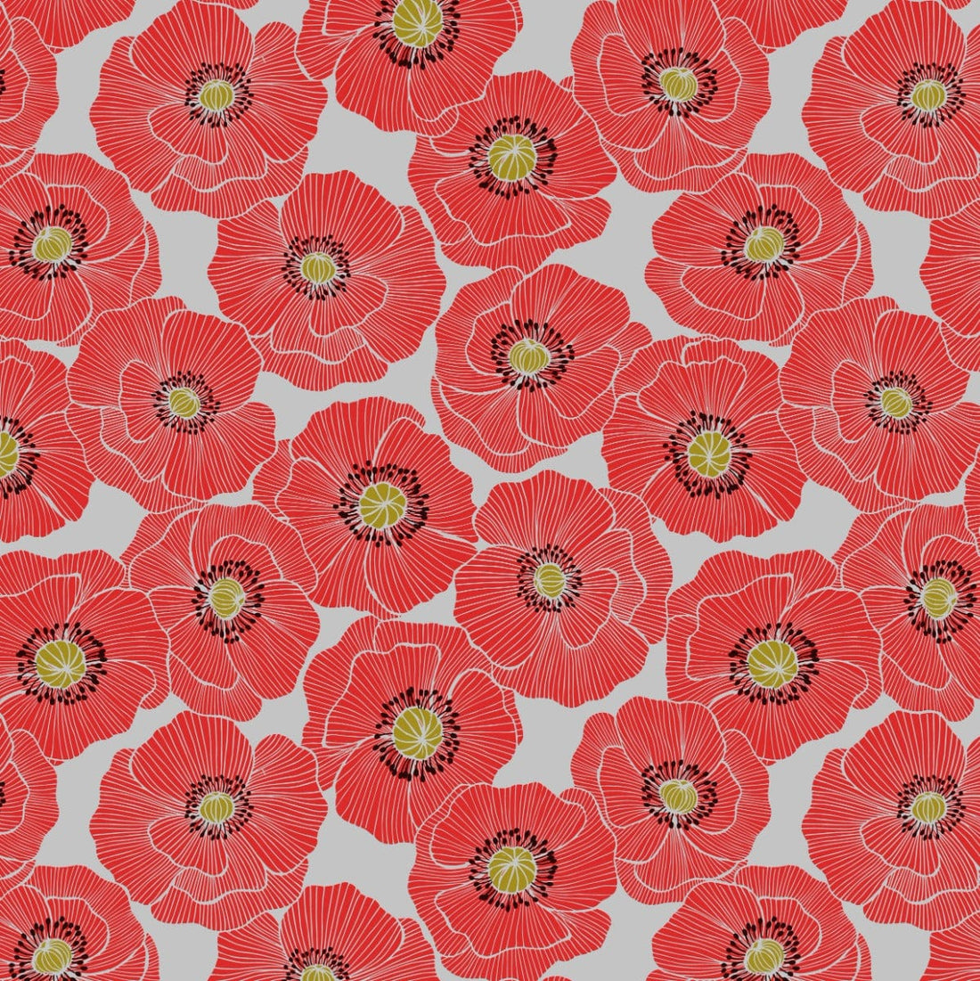 Lewis and Irene Fabric Lewis and Irene Poppies Large Poppy Light Grey  - The Sewing Studio