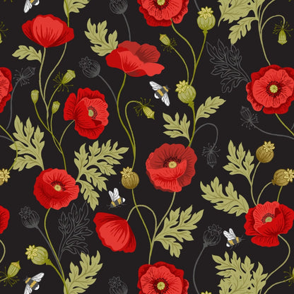 Lewis and Irene Fabric Lewis and Irene Poppies Poppy And Bee Black  - The Sewing Studio