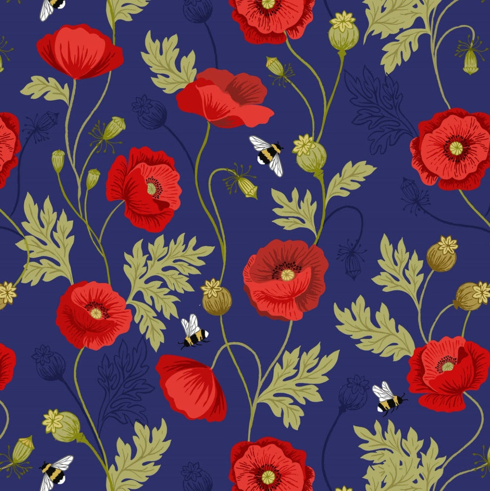 Lewis and Irene Fabric Lewis and Irene Poppies Poppy And Bee Blue  - The Sewing Studio