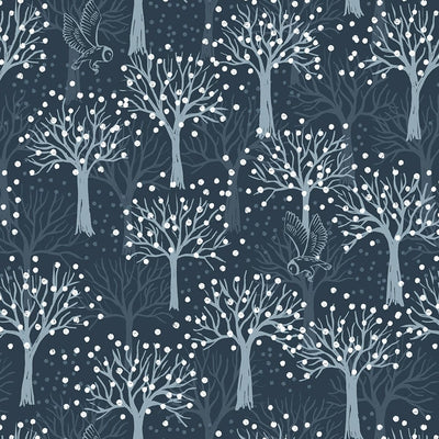 Lewis And Irene Secret Winter Garden Owl Orchard On Dark Blue Flannel F660-3