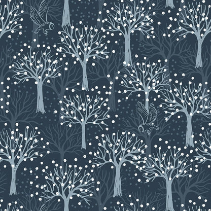 Lewis And Irene Secret Winter Garden Owl Orchard On Dark Blue Flannel F660-3 Main Image