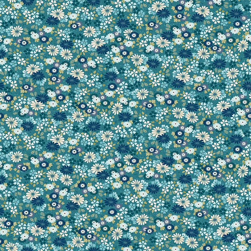 Makower Fabric Makower Kasumi Floating Flowers Teal 046-T