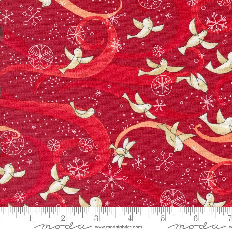 Moda Fabric Moda Winterly Birds With Ribbons Crimson 48761-16  - The Sewing Studio