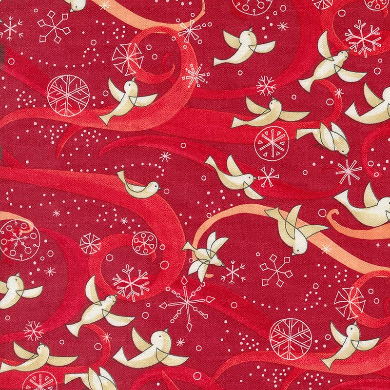 Moda Fabric Moda Winterly Birds With Ribbons Crimson 48761-16  - The Sewing Studio