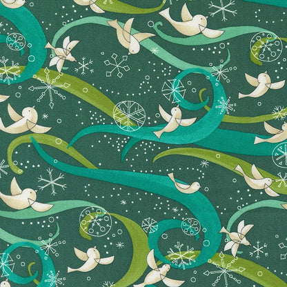 Moda Fabric Moda Winterly Birds With Ribbons Spruce 48761-18  - The Sewing Studio