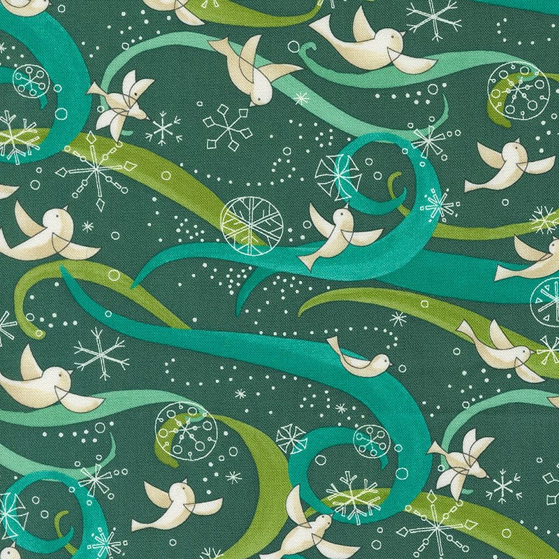 Moda Fabric Moda Winterly Birds With Ribbons Spruce 48761-18