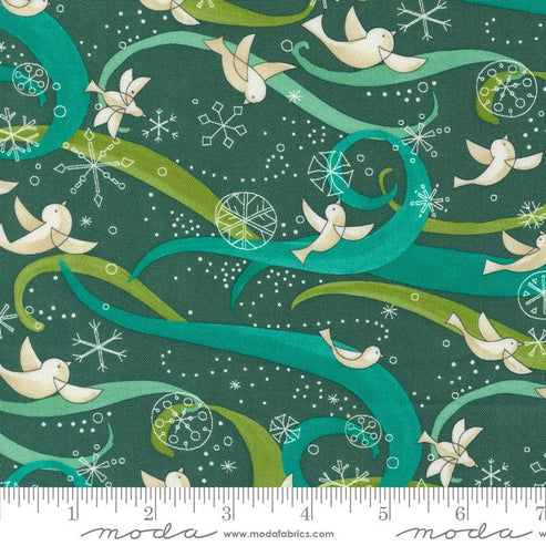 Moda Fabric Moda Winterly Birds With Ribbons Spruce 48761-18  - The Sewing Studio