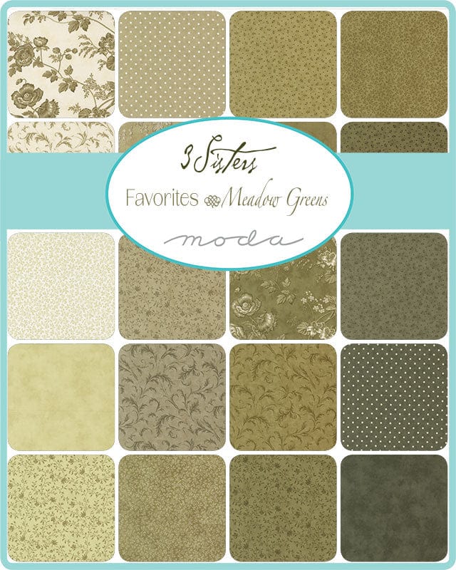 Moda Fabric Pre Cuts Moda 3 Sisters Favourites Vintage Linens Meadow Greens Charm Pack 44632PPP  - The Sewing Studio