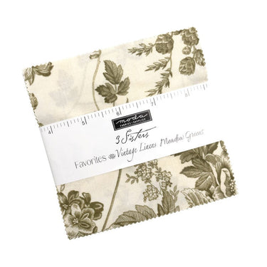 Moda Fabric Pre Cuts Moda 3 Sisters Favourites Vintage Linens Meadow Greens Charm Pack 44632PPP  - The Sewing Studio for sale UK - The Sewing Studio