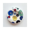 White wooden flowery printed button. 20mm diameter. Price per button.