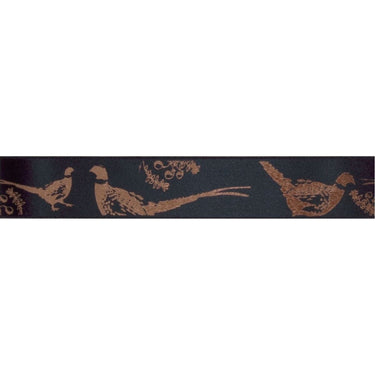 Satin ribbon: Pheasants Rose Gold on Black: 25mm wide: Price per metre.