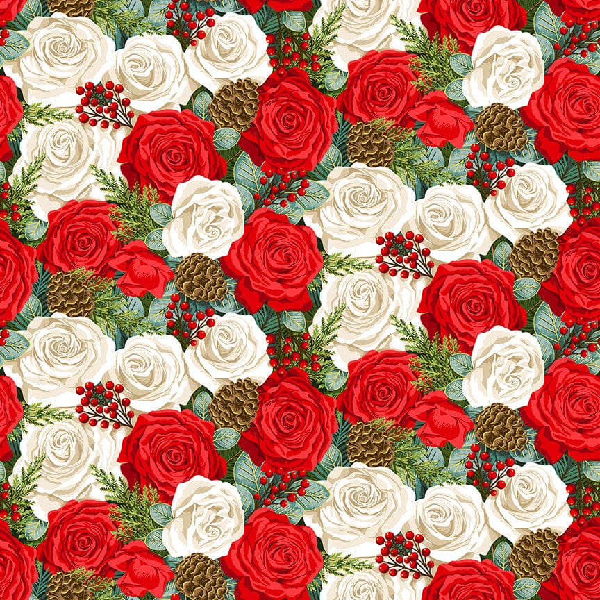 Makower Fabric Christmas Classic Foliage Rose 2371/1