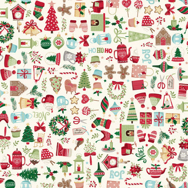 Makower Christmas Fabric Cosy Home Icon Cream 2568 Q