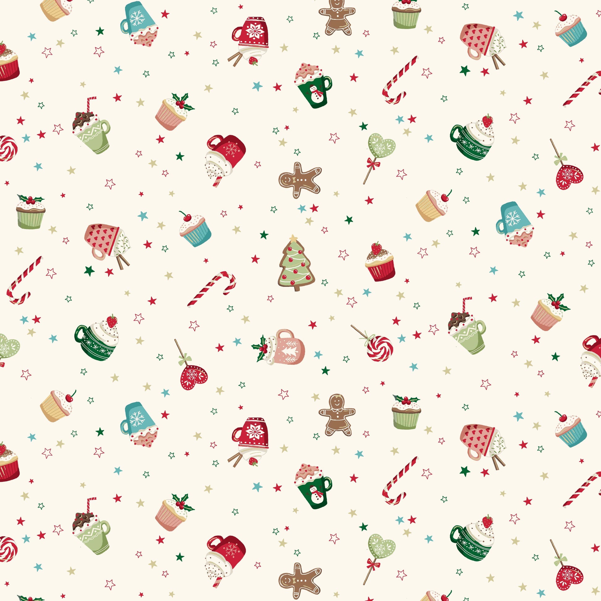Makower Christmas Fabric Cosy Home Sweet Treats Cream Metallic 2569 Q