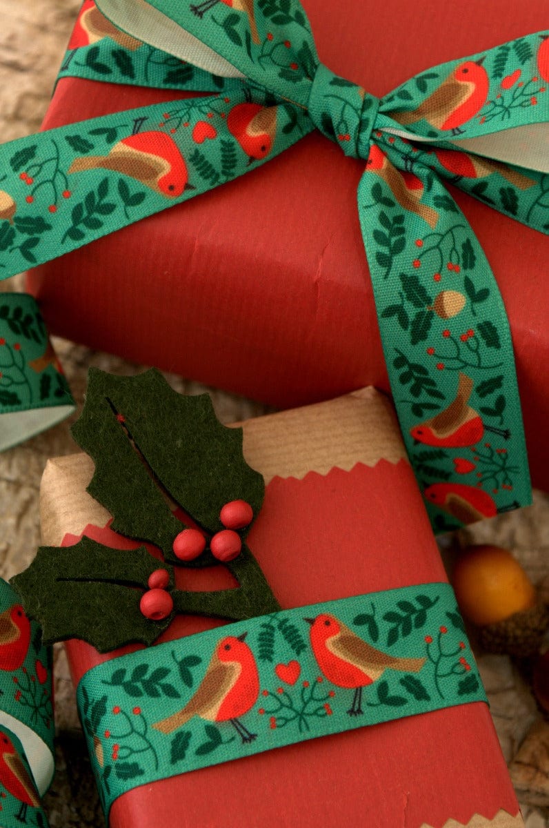 Berisfords Ribbon Christmas Ribbon Robin's Nest:  Green and Multi: 25mm Wide  - The Sewing Studio