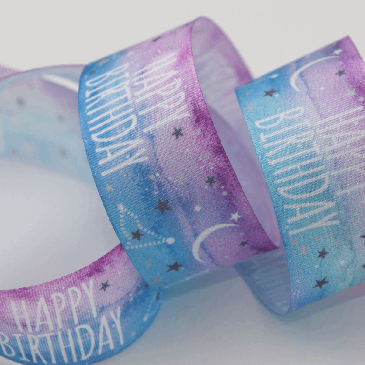 Berisfords Ribbon Happy Birthday Moon & Stars Ribbon: 25mm wide. Price Per Metre  - The Sewing Studio