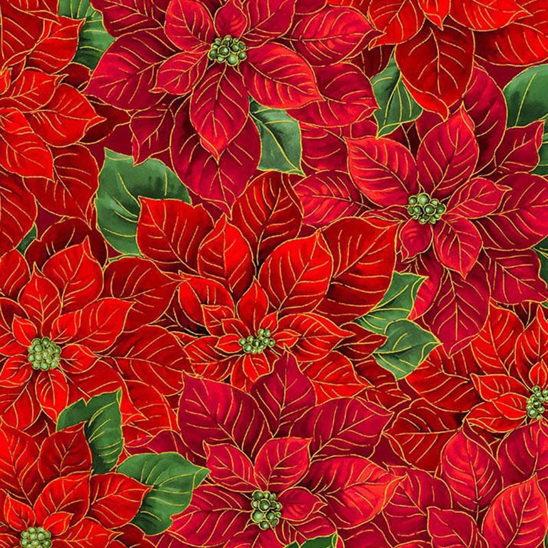 Christmas Joy Fabric Poinsettias Metallic Red CM1278-RED