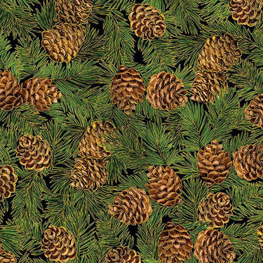 Christmas Joy Fabric Pinecones and Needles Green CM1281-GREEN