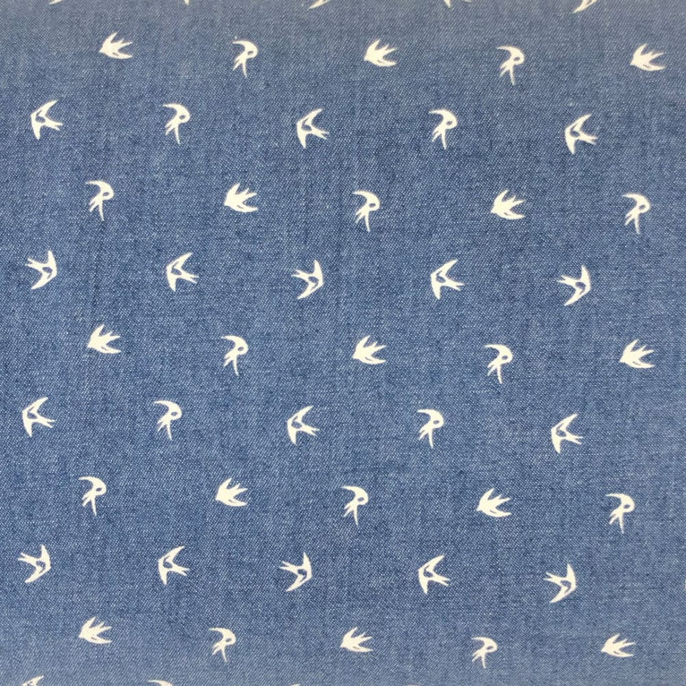 Craft Cotton Co Fabric Chambray Printed Cotton Swallows  - The Sewing Studio