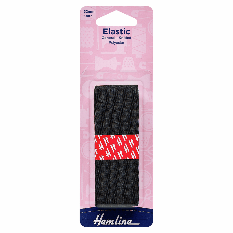 Hemline Elastic General Purpose Knitted Elastic Black 1 Metre x 32mm Wide  - The Sewing Studio