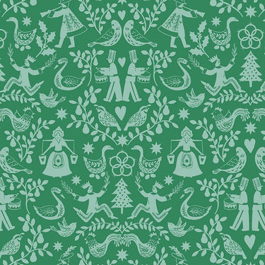 Lewis and Irene Fabric Lewis And Irene 12 Days Of Christmas Fabric 12 Days Of Christmas Mirrored On Green C80-2  - The Sewing Studio for sale UK - The Sewing Studio