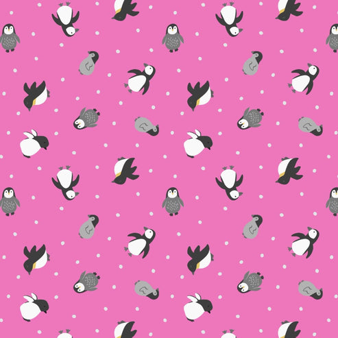 Lewis and Irene Fabric Lewis and Irene Fabric Small Things Polar Animals Penguins Aurora Pink  - The Sewing Studio