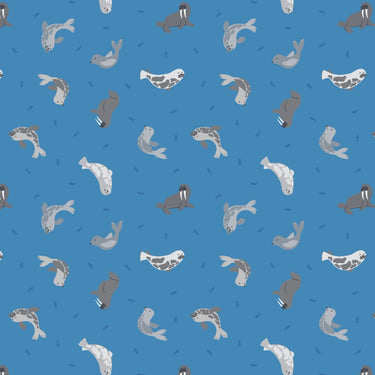 Lewis and Irene Fabric Lewis and Irene Fabric Small Things Polar Animals Seals Surf Blue  - The Sewing Studio for sale UK - The Sewing Studio